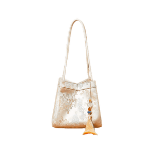 Jacquard Brocade Beige Bucket Handbag Floral New Chinese Style - SinoCultural -- P17062004