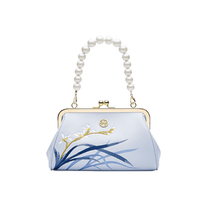 Embroidery Leather Blue Chain Kiss Lock Clutch Handbag Orchid - SinoCultural -- P220063