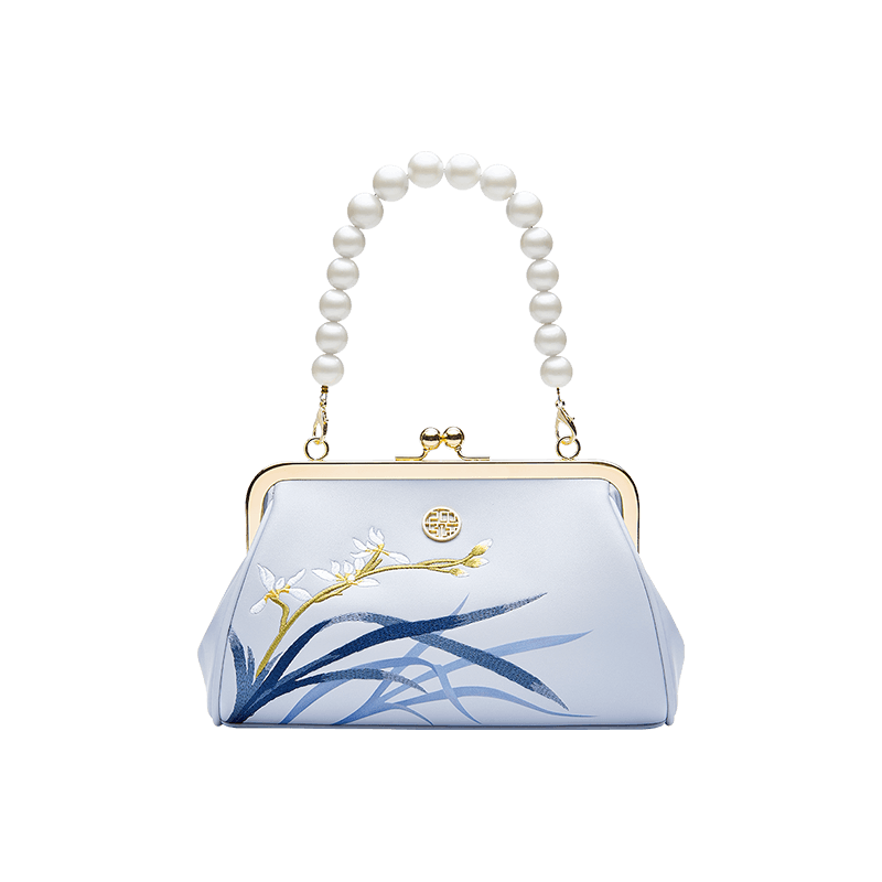Embroidery Leather Blue Chain Kiss Lock Clutch Handbag Orchid - SinoCultural -- P220063