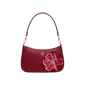 Embroidery Leather Red Shoulder Bag Peony Women's Hobo Handbag - SinoCultural -- P220212-1