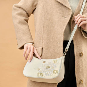 Embroidery Leather Red Shoulder Bag Peony Women's Hobo Handbag - SinoCultural -- P220212-1