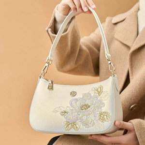 Embroidery Leather Red Shoulder Bag Peony Women's Hobo Handbag - SinoCultural -- P220212-1