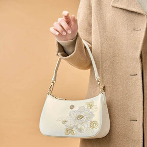 Embroidery Leather Red Shoulder Bag Peony Women's Hobo Handbag - SinoCultural -- P220212-1