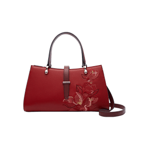Embroidery Leather Red Magnolia Women's Crossbody Handbag - SinoCultural -- P220237