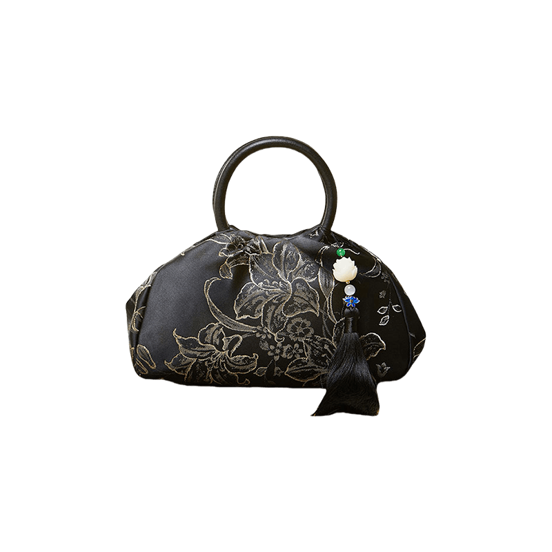 Brocade Chinese Style Bag Black Floral Handbag - SinoCultural -- P27061604-3