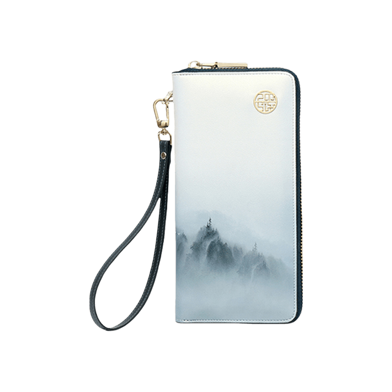 Chinese Style Cloud Mountain Blue Printed Cowhide Wallet - SinoCultural -- P420067