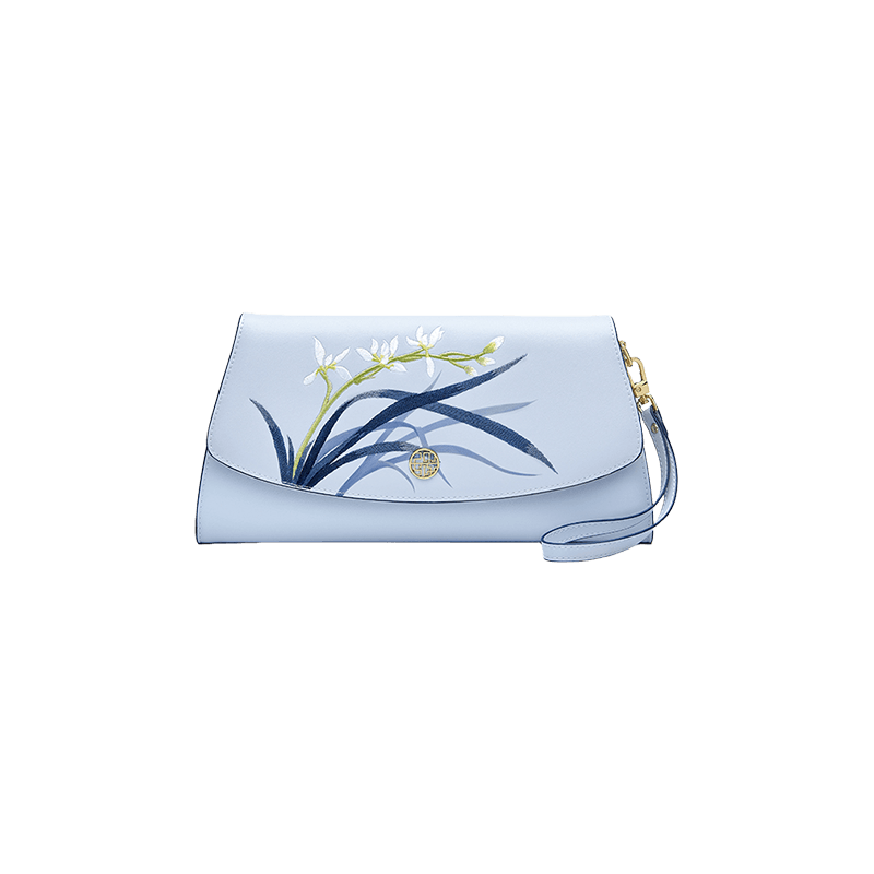 Embroidery Leather Clutch Bag Blue Orchid Elegant Handbag - SinoCultural -- P520009