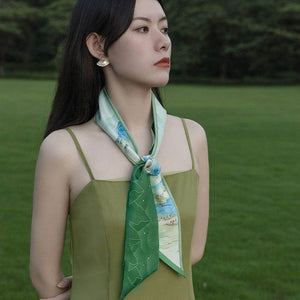 Chinese Painting Mulberry Silk 14 Momme Silk Twilly 120x6.8 cm - SinoCultural -- LS004GN