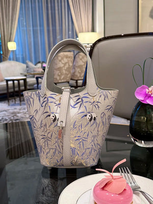 Panda Embracing Bamboo Song Brocade Basket Bag – Mulberry Silk Chinese Handbag-brocademodern