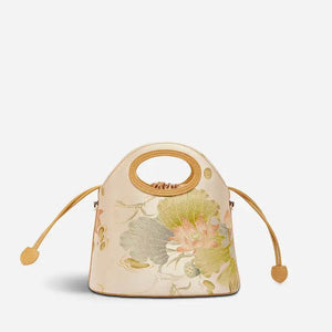 Printed Jacquard Lotus Khaki Drawstring Bucket Bag - SinoCultural -- LD120670-3