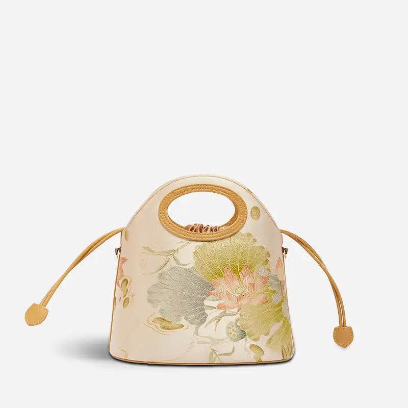Printed Jacquard Lotus Khaki Drawstring Bucket Bag - SinoCultural -- LD120670-3