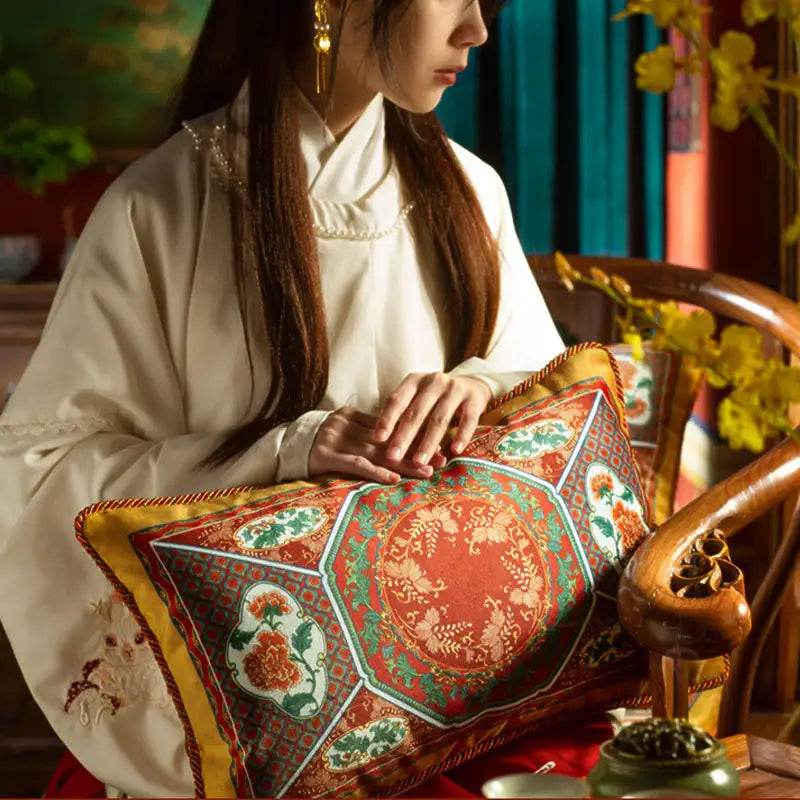 Chinoiserie Red-Yellow Glass Chinese Imperial Chair Cushion - SinoCultural -- SC010A38