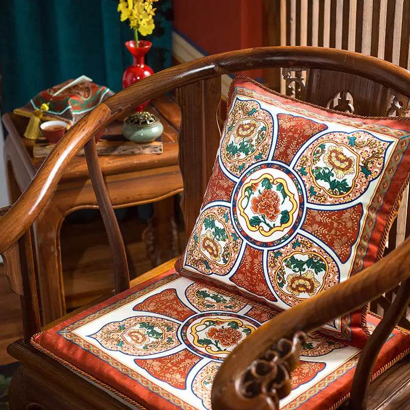Chinoiserie Red-Yellow Glass Chinese Imperial Chair Cushion - SinoCultural -- SC010A38