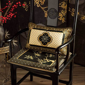 Chinoiserie Black-Gold Bamboo Vintage Wooden Chair Cushion - SinoCultural -- SC011A38