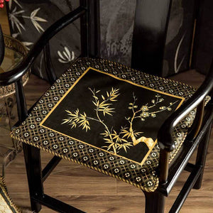 Chinoiserie Black-Gold Bamboo Vintage Wooden Chair Cushion - SinoCultural -- SC011A38