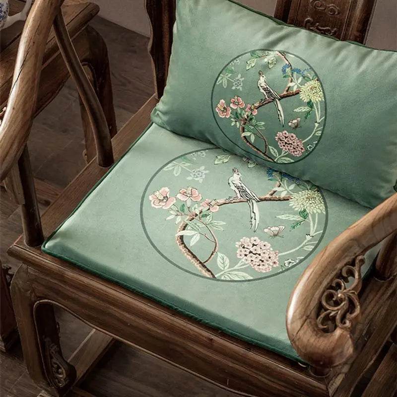 Chinoiserie Blue-Green Sparrow Short Plush Wooden Chair Cushion - SinoCultural -- SC013A38