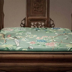 Chinoiserie Blue-Green Sparrow Short Plush Wooden Chair Cushion - SinoCultural -- SC013A38