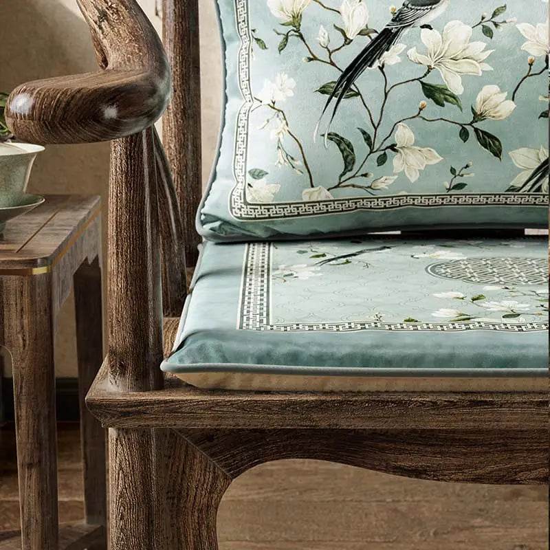 Chinoiserie Blue Magpie and Magnolia Short Plush Lumbar Pillow - SinoCultural -- WP019A01