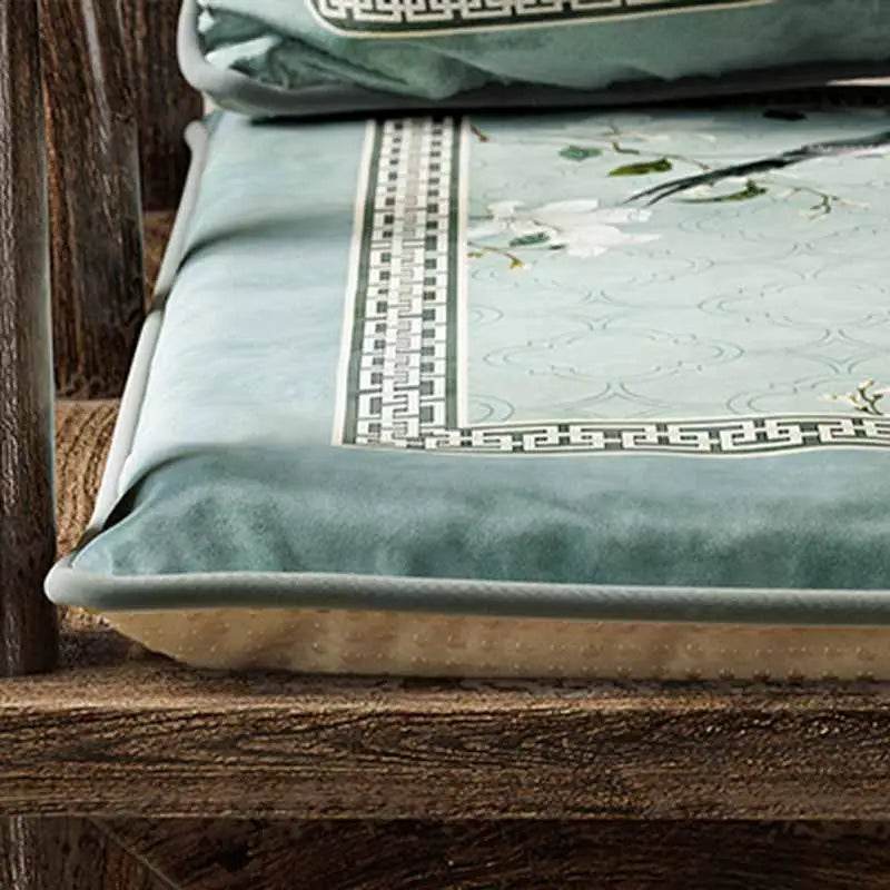 Chinoiserie Magpie and Magnolia Short Plush Blue Chair Cushion - SinoCultural -- SC019A38