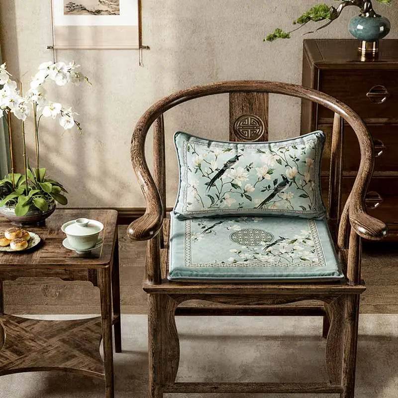 Chinoiserie Magpie and Magnolia Short Plush Blue Chair Cushion - SinoCultural -- SC019A38