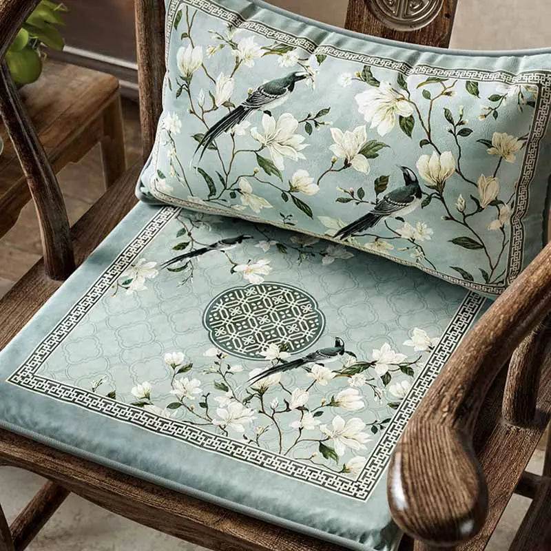 Chinoiserie Magpie and Magnolia Short Plush Blue Chair Cushion - SinoCultural -- SC019A38