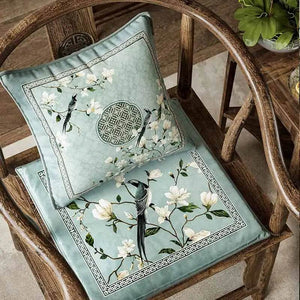 Chinoiserie Magpie and Magnolia Short Plush Blue Chair Cushion - SinoCultural -- SC019A38