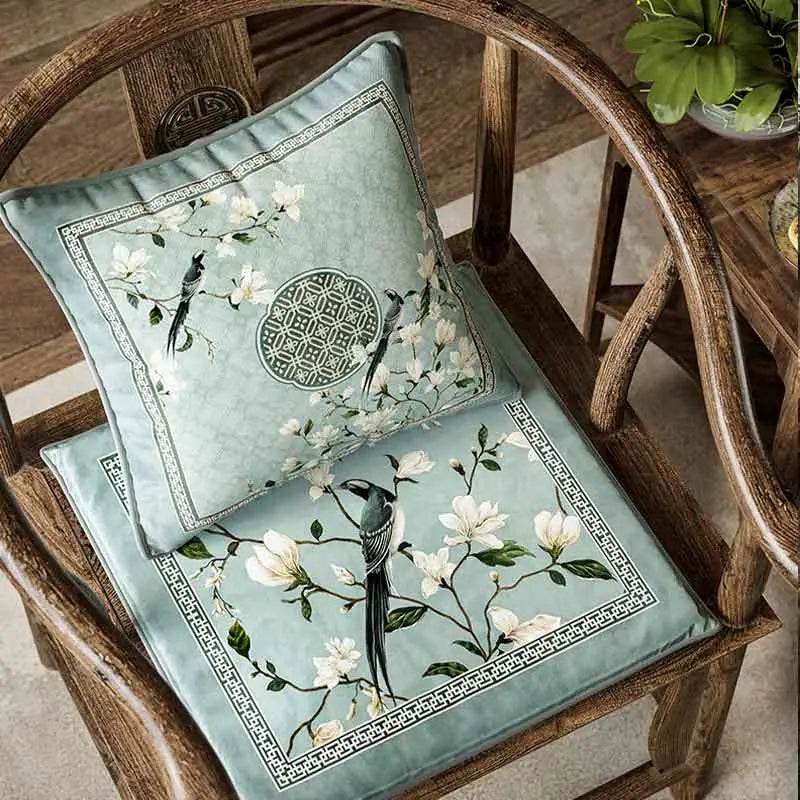 Chinoiserie Magpie and Magnolia Short Plush Blue Chair Cushion - SinoCultural -- SC019A38