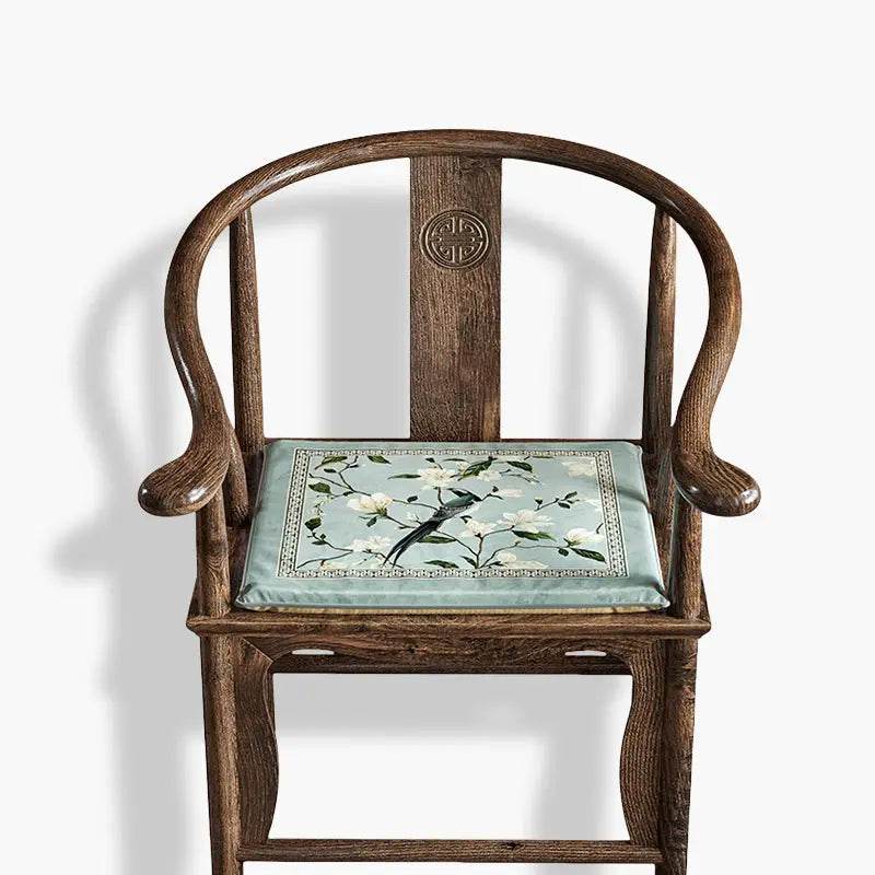 Chinoiserie Magpie and Magnolia Short Plush Blue Chair Cushion - SinoCultural -- SC019A38