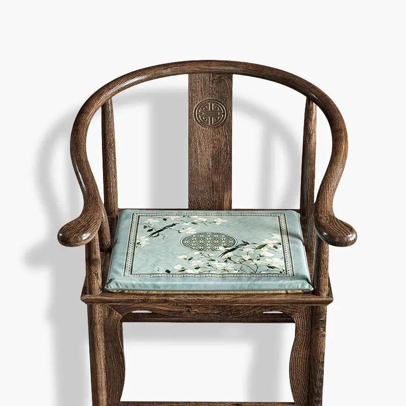 Chinoiserie Magpie and Magnolia Short Plush Blue Chair Cushion - SinoCultural -- SC019A38