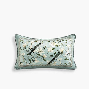 Chinoiserie Blue Magpie and Magnolia Short Plush Lumbar Pillow - SinoCultural -- WP019A01