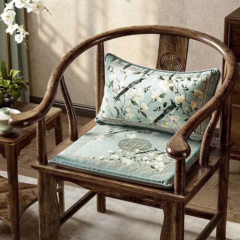 Chinoiserie Blue Magpie and Magnolia Short Plush Lumbar Pillow - SinoCultural -- WP019A01