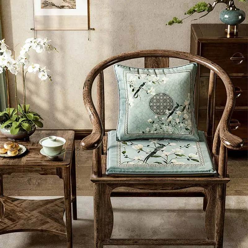 Chinoiserie Magpie and Magnolia Short Plush Blue Chair Cushion - SinoCultural -- SC019A38