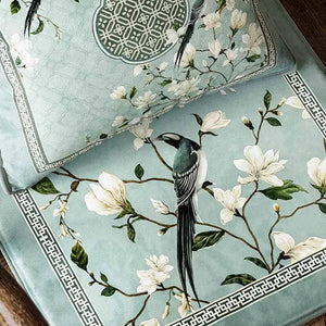 Chinoiserie Magpie and Magnolia Short Plush Blue Chair Cushion - SinoCultural -- SC019A38