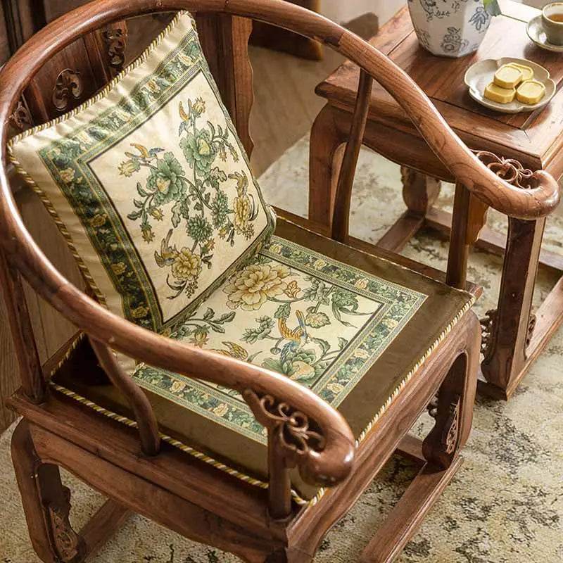 Chinoiserie Flowers and Birds Short Plush Green Chair Cushion - SinoCultural -- SC020A38