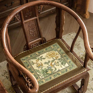 Chinoiserie Flowers and Birds Short Plush Green Chair Cushion - SinoCultural -- SC020A38