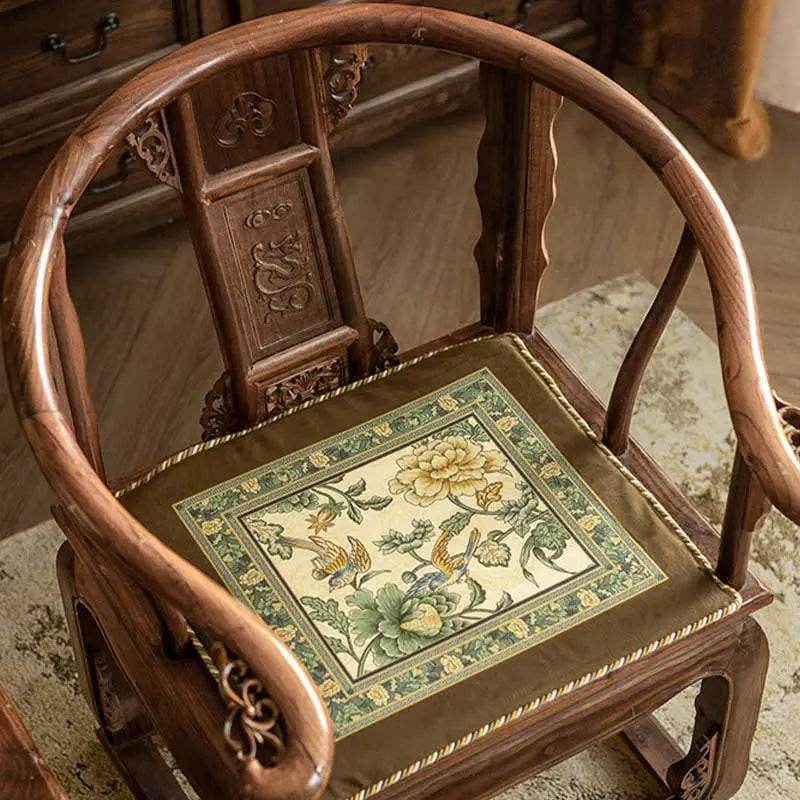 Chinoiserie Flowers and Birds Short Plush Green Chair Cushion - SinoCultural -- SC020A38