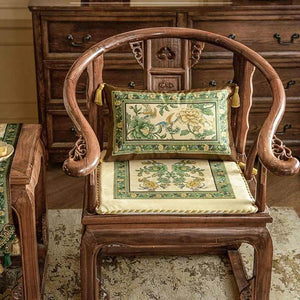 Chinoiserie Flowers and Birds Short Plush Green Chair Cushion - SinoCultural -- SC020A38