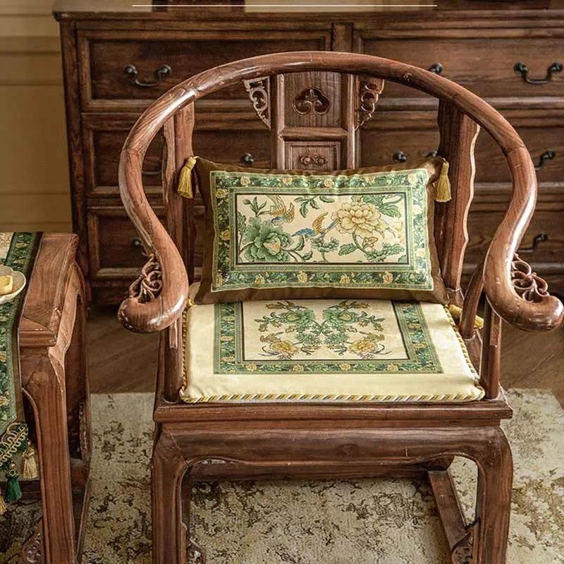 Chinoiserie Flowers and Birds Short Plush Green Chair Cushion - SinoCultural -- SC020A38