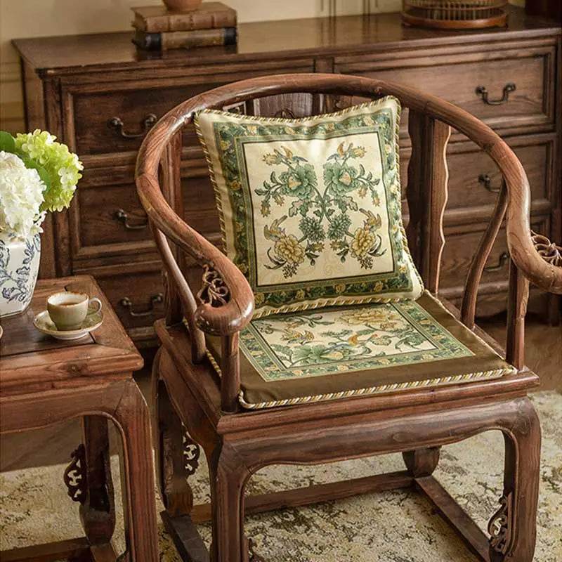 Chinoiserie Flowers and Birds Short Plush Green Chair Cushion - SinoCultural -- SC020A38