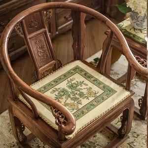 Chinoiserie Flowers and Birds Short Plush Green Chair Cushion - SinoCultural -- SC020A38