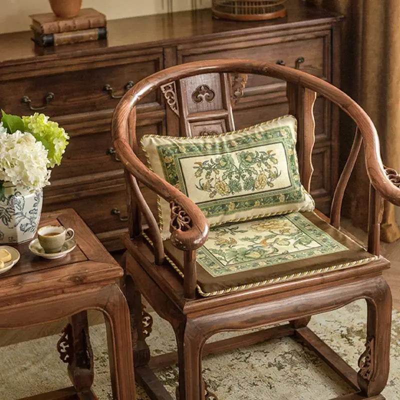 Chinoiserie Flowers and Birds Short Plush Green Chair Cushion - SinoCultural -- SC020A38