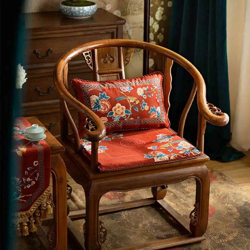 Chinoiserie Classical Red Flowers and Birds Short Plush Lumbar Pillow - SinoCultural -- WP021A01