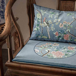 Chinoiserie Blue Floral Bird Pattern Short Plush Sofa Chair Cushion - SinoCultural -- SC024A38