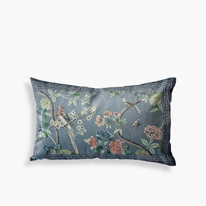 Chinoiserie Blue Floral Bird Pattern Short Plush Sofa Lumbar Pillow - SinoCultural -- WP024A01
