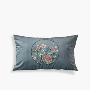Chinoiserie Blue Floral Bird Pattern Short Plush Sofa Lumbar Pillow - SinoCultural -- WP024A01