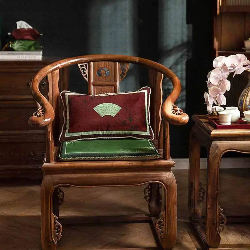 Chinoiserie Bamboo and Plum Blossoms Short Plush Green Chair Cushion - SinoCultural -- SC025A38