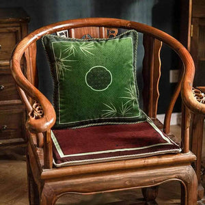 Chinoiserie Bamboo and Plum Blossoms Short Plush Green Chair Cushion - SinoCultural -- SC025A38