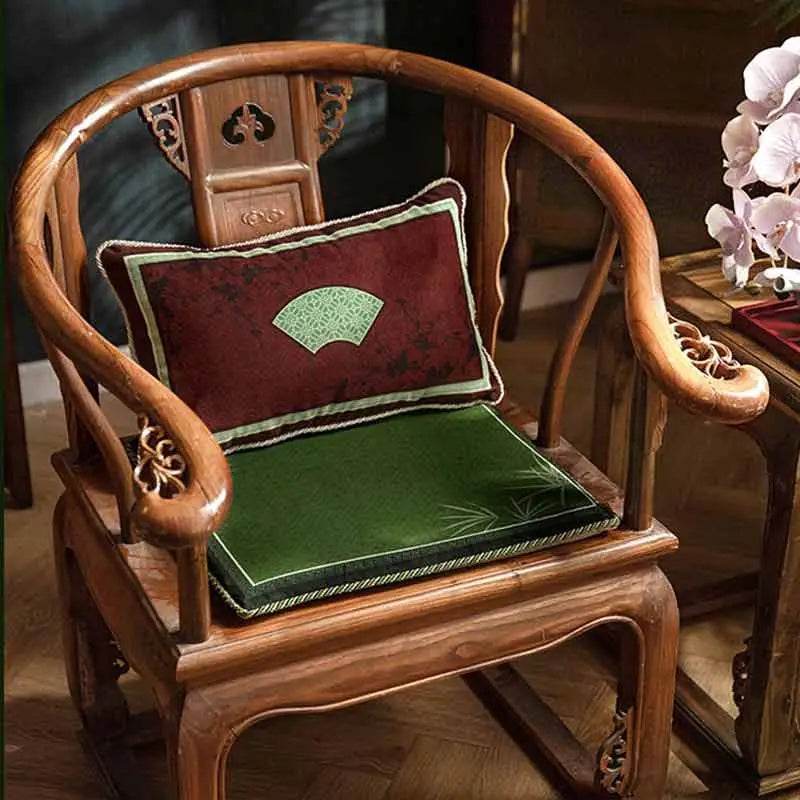 Chinoiserie Bamboo and Plum Blossoms Short Plush Green Chair Cushion - SinoCultural -- SC025A38