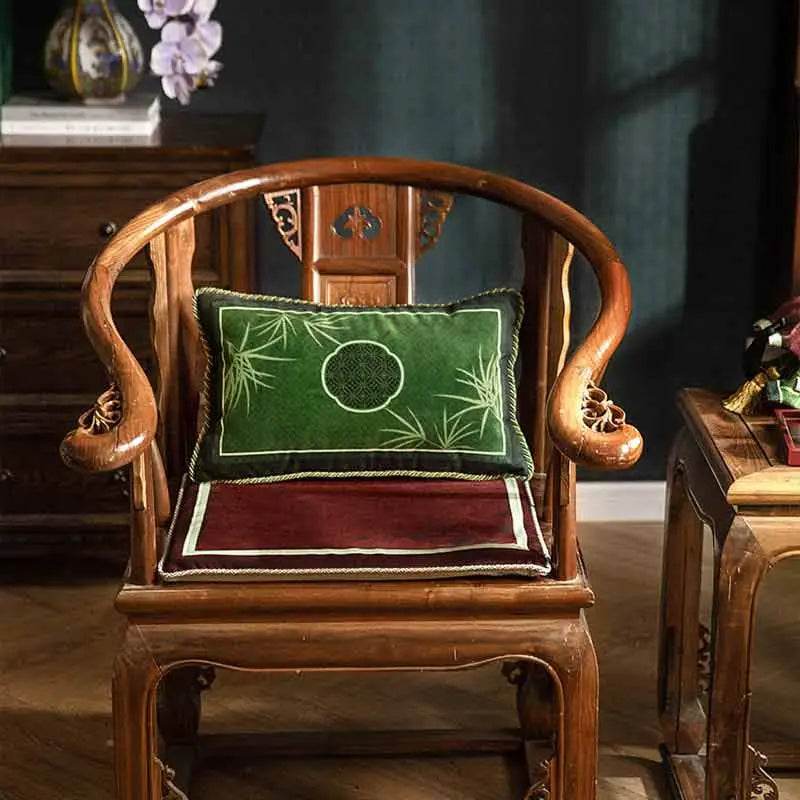 Chinoiserie Bamboo and Plum Blossoms Short Plush Green Chair Cushion - SinoCultural -- SC025A38