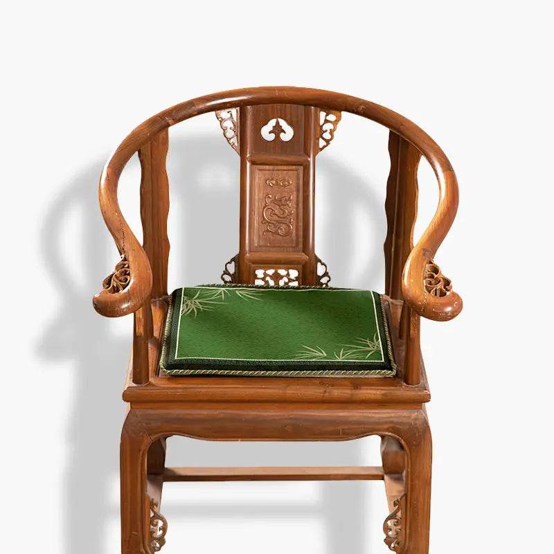 Chinoiserie Bamboo and Plum Blossoms Short Plush Green Chair Cushion - SinoCultural -- SC025A38